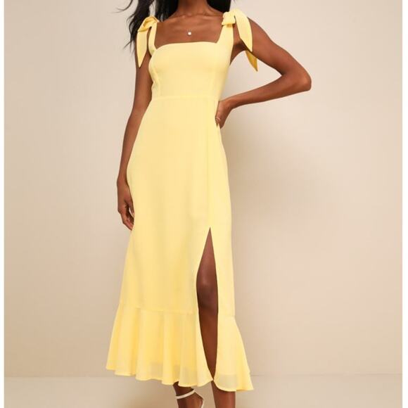 Lulus NWOT Summer Invite Yellow Tie-Strap Woven Chiffon Tiered Midi Dress XL - Picture 1 of 10